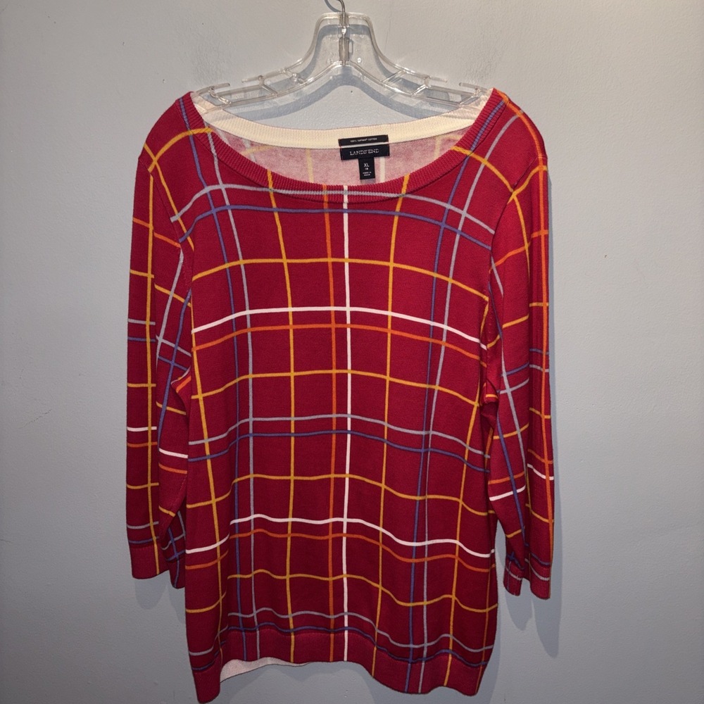 Lands End Women's Size XL Soft Pure Supima Red Multicolor‎ Window Pane Sweater